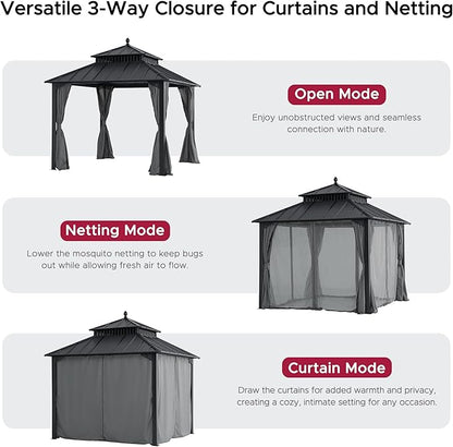SUNJOY Kingston 10' x 10' Hardtop Gazebo with Galvanized Steel Double Roof, Curtain and Netting, Gray Aluminum Posts Permanent Pavilion Gazebo for Garden, Patio, Deck, Lawn