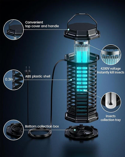 Minimoon Bug Zapper Outdoor, 4200V Electric Mosquito Zapper Indoor, IPX4 Waterproof Insect Zapper Electric Fly Traps, 4Ft Cord, Insect Trap for Yard, Backyard, Patio, Camping