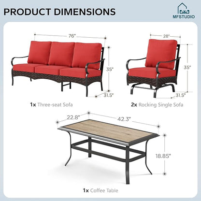 MFSTUDIO 4 Pieces Outdoor Patio Furniture Set, Metal Outdoor Conversation Set, Rattan Wicker Patio Sectional Sofa Set with 2 x Rocking Single Sofa, 3-Seat Sofa, 1 x Coffee Table, Red