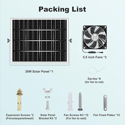 New 5.5" Solar Fan 3 Kit, 35W Solar Powered Exhaust and Intake Greenhouse Fan Outdoor Waterproof, 16.5ft Cord, Strong Airflow, for Chicken Coop Shed Pet House Air Circulation and Ventilation