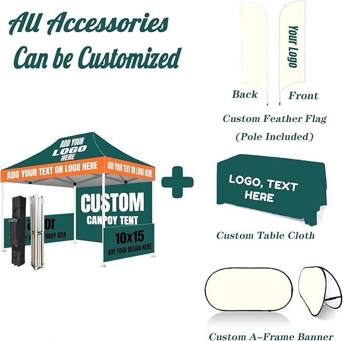 Custom Canopy Tent 10x15 with Logo- Pop Up Canopy Tent Packages for Outdoor and Trade Show Events - Nano-Grade Water Repellent Heavy Duty (1 Full Wall + 2 Half Wall)