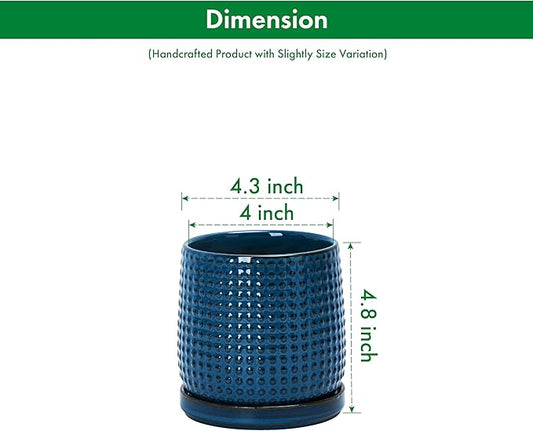 D'vine Dev Set of 2 Ceramic Plants Pots, 4 Inch Beaded Stoneware Flower Pot for Plants with Drainage Hole and Saucer, Midnight Blue, 27-E-Z-3