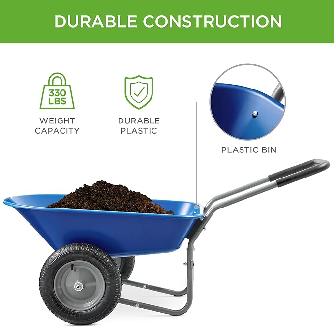 Best Choice Products Dual-Wheel Home Utility Yard Wheelbarrow Garden Cart w/Built-in Stand for Lawn, Gardening, Construction - Blue