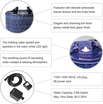 Glitzhome 14.75”H Outdoor Ceramic Garden Water Fountain with LED Lights and Pump, Two Birds Embossed Leaf Pattern Patio Fountain Floor Standing Bird Bath Fountains for Porch Deck Backyard, Cobalt Blue