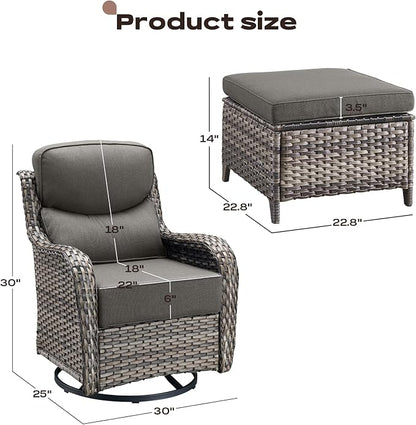 Rilyson Wicker Outdoor Patio Furniture Set - 4 Piece Patio Conversation Set with Swivel Rocker Chairs and Ottomans, 6 inch Cushions, High Back, Deep Seating, for Porch Deck Garden Mixed Grey/Grey
