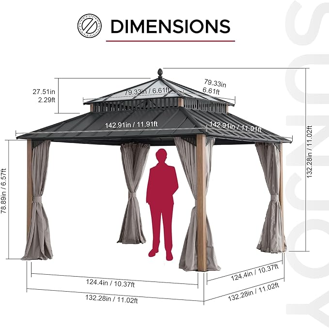 SUNJOY Kingston 12' x 12' Hardtop Gazebo with Galvanized Steel/Polycarbonate Double Roof, Curtain and Netting, Woodgrain Finish Aluminum Posts Permanent Pavilion Gazebo for Garden, Patio, Deck, Lawn