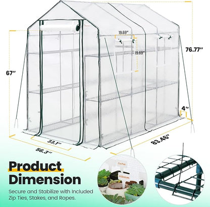 KING BIRD Premium Greenhouse for Outdoors, 84 x 56 x 77 Upgraded PE Cover & Steel Frame Walk in Hot House, w/ Zippered Screen Windows Mesh Door, 3 Tiers 20 Shelves for Outside Garden, White