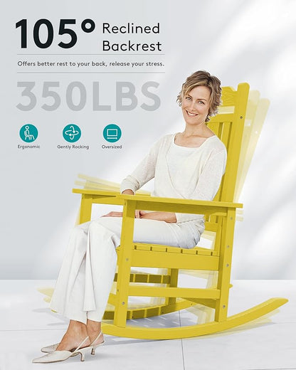 SERWALL Outdoor Rocking Chair, Patio Rocking Chairs for Porch, HDPE Rocking Chair Outdoor for Adults, Heavy Duty Front Porch Rocker, Yellow