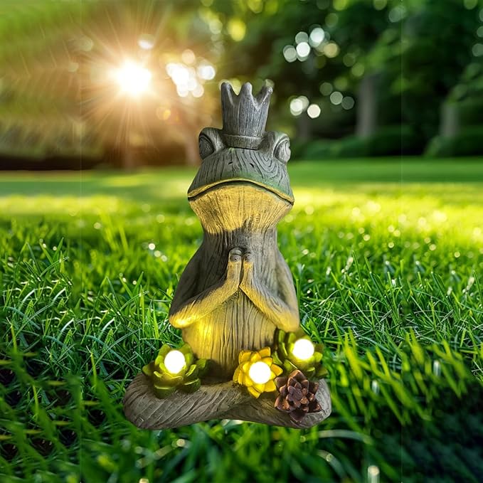Large Garden Statue Yoga Frog Sustainable Eco-Friendly Solar Lights with LED Sustainability Sculpture Courtyard Balcony Home Decoration（12" Tall