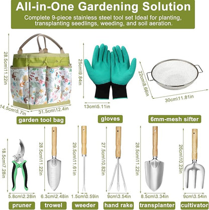Sand Soil Compost Sifter 1/4 Inch Mesh,Garden Tool Set,Stainless Steel Tools with Organizer Bag,Gardening Kit for Weeding, Planting, Digging,Gardening Gifts for Women Novice Gardener