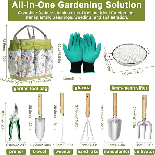 Sand Soil Compost Sifter 1/4 Inch Mesh,Garden Tool Set,Stainless Steel Tools with Organizer Bag,Gardening Kit for Weeding, Planting, Digging,Gardening Gifts for Women Novice Gardener