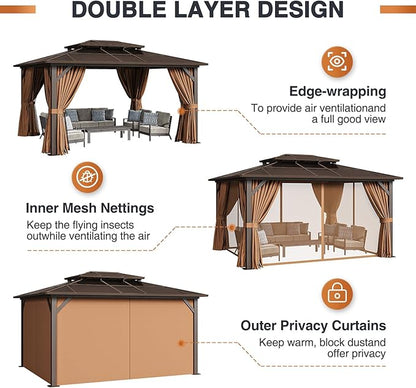 JolyDale14'x12' Hardtop Gazebo, Outdoor Polycarbonate Double Roof Pavilion with Aluminum Frame, Netting, and Curtains, Ideal for Patios, Gardens, and Backyards