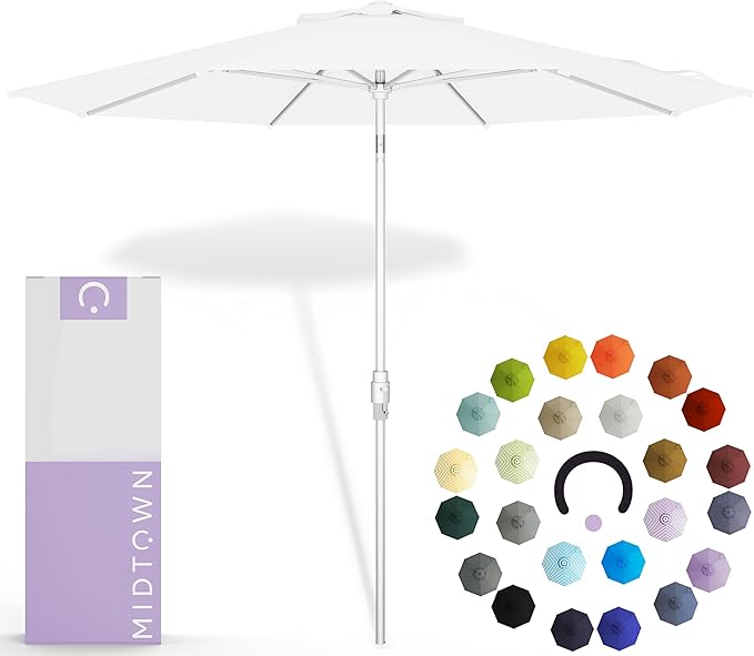 Midtown Umbrellas The Swilt 10 Feet Patio Umbrella in Terylast Ivory (White) Polyester Fabric - Fiberglass Ribs, Auto-Tilt Aluminum Frame For Backyard, Deck, Garden, Pool - White Pole