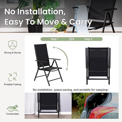 PHI VILLA Outdoor Patio Dining Set for 4, Patio Table and Chairs Set with Folding Patio Chairs & Square Wood Like Top Table for Garden, Deck and Lawn, Black