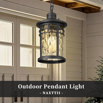 Outdoor Pendant Lights for Porch Aluminum Hanging Porch Light with Water Ripple Glass Hanging Lantern for Front Patio Gazebo Foyer or Garage