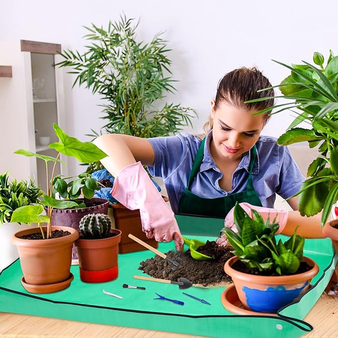 Plant Repotting Mat for Garden, 2 Pcs Waterproof Foldable Indoor Plant Mat Portable Square Gardening Mat Potting Tray with 6 Pcs Mini Garden Tools Set for Plant Lovers Gardening Gifts
