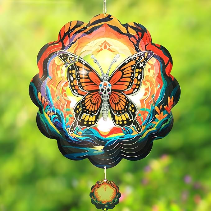 Halloween Wind Spinners Outdoor, 3D Skull Butterfly Wind Spinner 14x12 inches, Kinetic, Stainless Steel Metal, Halloween Decorations Outdoor, Yard Decor, Gift