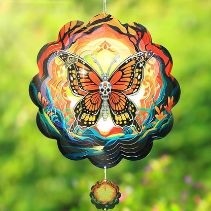 Halloween Wind Spinners Outdoor, 3D Skull Butterfly Wind Spinner 14x12 inches, Kinetic, Stainless Steel Metal, Halloween Decorations Outdoor, Yard Decor, Gift
