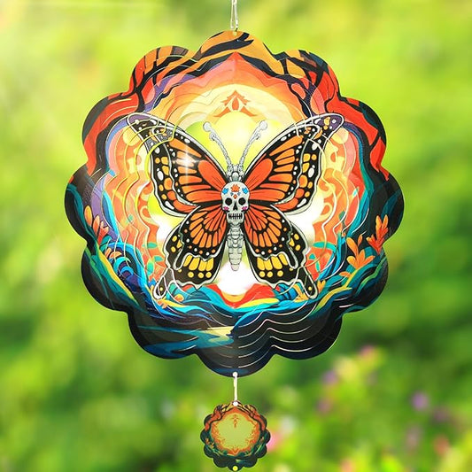 Halloween Wind Spinners Outdoor, 3D Skull Butterfly Wind Spinner 14x12 inches, Kinetic, Stainless Steel Metal, Halloween Decorations Outdoor, Yard Decor, Gift