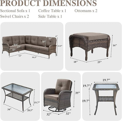 HUMMUH Outdoor Patio Furniture Set,L-Shaped Sectional Couches with Swivel Patio Chairs,Wicker Conversation Set for Deck,Backyard,Porch,Garden