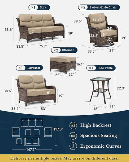 HILLGA Luxury Patio Furniture Set with 6-inch Thick Cushion, Outdoor Couch, Loveseat and High Back Swivel Rocker Patio Chairs, 7PCS Wicker Conversation Set for Deck Yard and Poolside, Beige (V2)