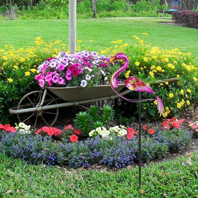hogardeck Garden Decor for Outside, 47" Metal Flamingos Decorative Garden Stakes Balancing Rocker for Yard Art, Outdoor Heavy-Duty Wind Sculpture Shaking Ornament for Lawn Patio Porch Decorations