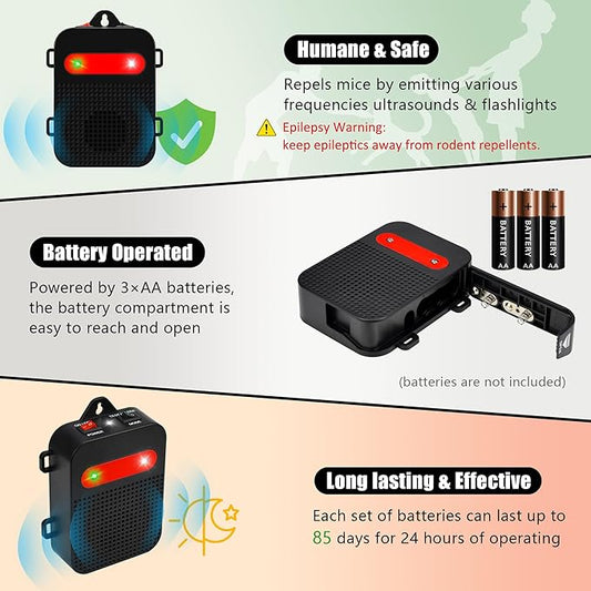 Under Hood Rodent Repeller Ultrasonic Mouse Repellent Battery Operated Pest Repeller Rat Mice Deterrent Rodent Repellent for Car Engine Garage RV Basement Attic 2 Pack Humane