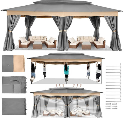 COBIZI Gazebo 12x20 Heavy Duty Gazebos with Curtain and Netting Outdoor Gazebo Canopy Double Roof Patio Gazebos with Metal Steel Frame for Patio, Garden, Backyard (Gray)