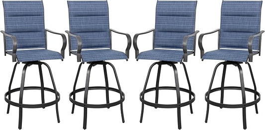 Vongrasig 4 Piece Outdoor Patio Swivel Bar Chairs, All Weather Padded Sling Textile High Top Bar Stools, Bistro Set for Backyard, Lawn Garden, Balcony, Padded Blue