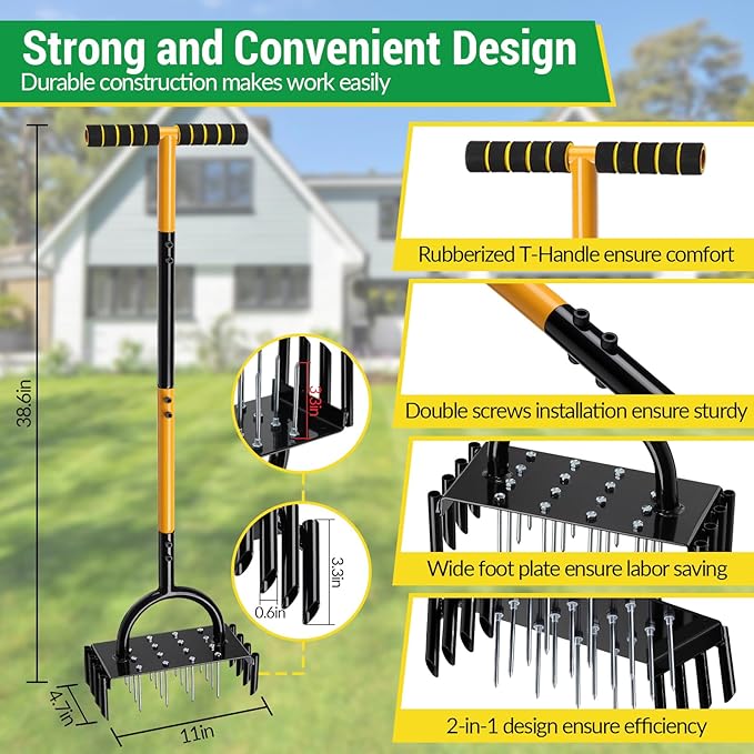 Lawn Aerator, 2-in-1 Manual Metal Core Aerators Lawn Tool with 16 Iron Spikes, 8 Coring, Garden Grass Plug Spikes Aerating Coring Tools for Yard Lawn Soil Care, Revives Lawn Health