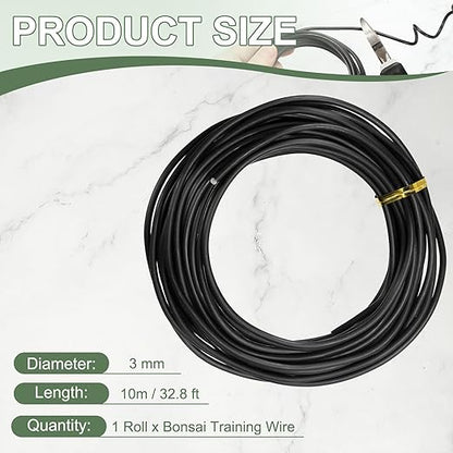Bonsai Training Wire, 3 mm x 32.8 ft Anodized Aluminum Floral Plant Training Wire Bendable Metal Stems Accessories for Gardening Branch Fixing Crafts (Black)
