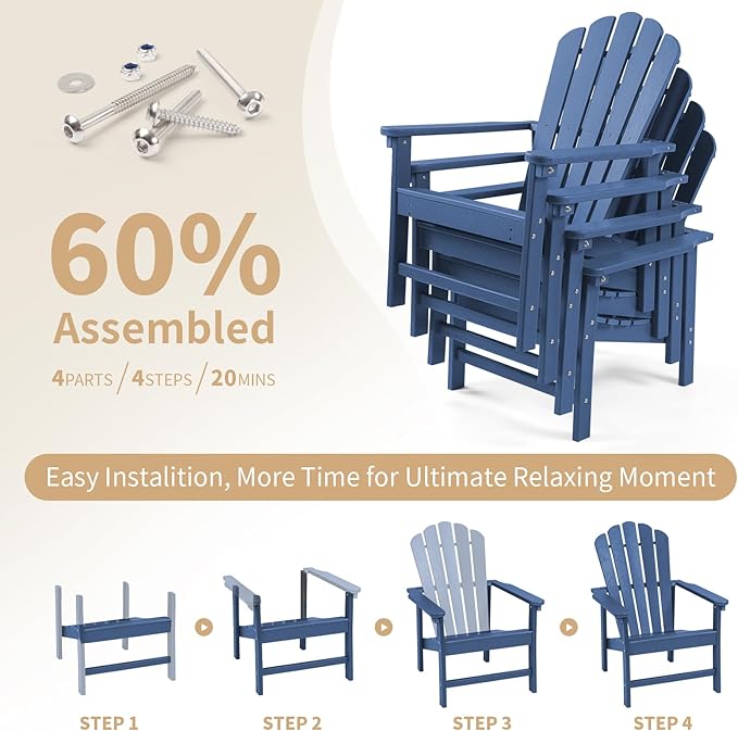 Stackable Adirondack Chairs Set of 2, Space Saving HDPE All-Weather Fire Pit Chair for Outdoor Lawn Porch Deck