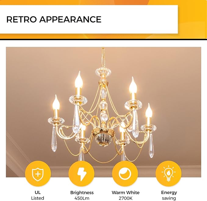 Hizashi E12 LED Bulb 40W Equivalent Candelabra Bulbs Dimmable 2700K Warm White, 90+ CRI Chandelier Light Bulbs, 4W 450LM Flame Tip CA10 Candle Light Bulbs, UL Listed - 24 Pack