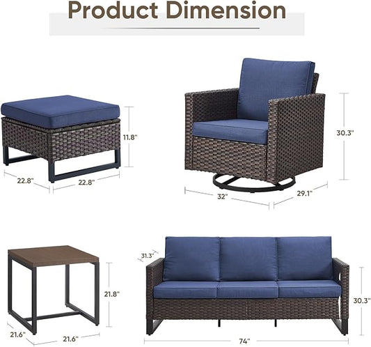 Wicker Patio Furniture Set, 6 PCS Outdoor Patio Furniture Set with Swivel Chairs, Includes 2 Swivel Patio Chairs, 1 Outdoor Couch, 1Side Table and 2 Ottoman, Brown/Blue