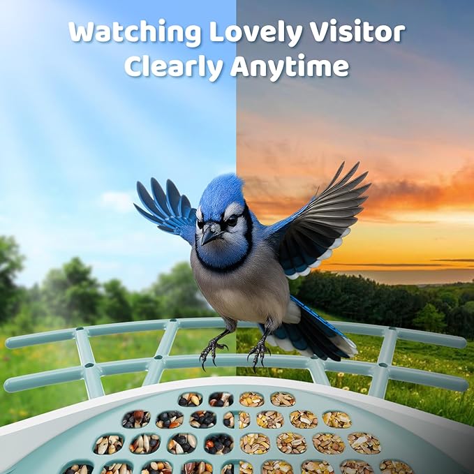 Smart Bird Feeder with Camera, Dual Seed Chambers & Spill Resistant, Solar-Powered HD Birdhouse with Camera Free AI Birds Species Recognition, Real-Time App Alerts – Ideal Gift for Bird Lovers, Blue