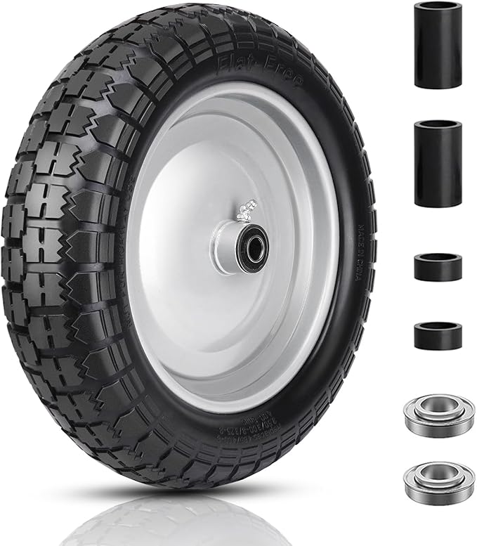 4.80/4.00-8 Tire and Wheel, 14.5" Flat Free Wheelbarrow Tire, 5/8" 3/4" Bearings Universal Solid Replacement Tires, 3" -7" Centered Hub for Hand Truck, Garden Cart, Includes Spacer Kit