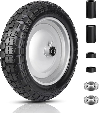4.80/4.00-8 Tire and Wheel, 14.5" Flat Free Wheelbarrow Tire, 5/8" 3/4" Bearings Universal Solid Replacement Tires, 3" -7" Centered Hub for Hand Truck, Garden Cart, Includes Spacer Kit