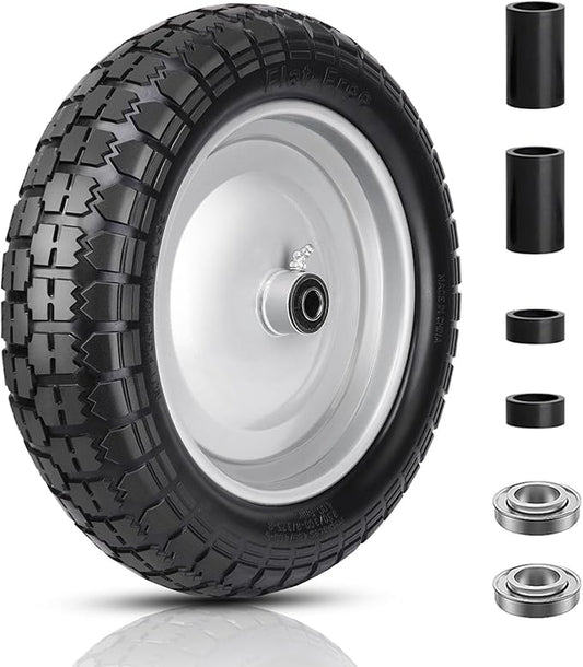 4.80/4.00-8 Tire and Wheel, 14.5" Flat Free Wheelbarrow Tire, 5/8" 3/4" Bearings Universal Solid Replacement Tires, 3" -7" Centered Hub for Hand Truck, Garden Cart, Includes Spacer Kit