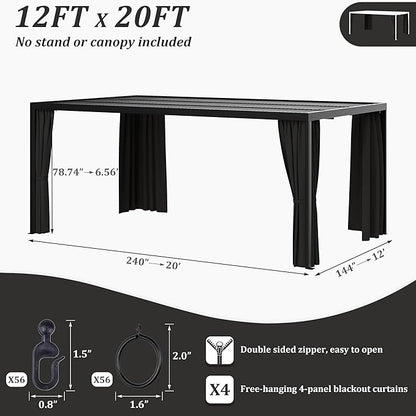 Gazebo Universal Replacement Privacy Curtain,12'×20' Gazebo Outdoor Waterproof Curtains, 4-Panels Sidewall Curtains with Double Zipper for Patio Canopy, Garden and Backyard (Curtain Only)