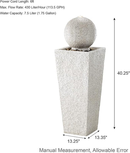 Glitzhome Outdoor Water Fountain with LED Light, Modern Oversized Sphere Pedestal Water Fountain with Submersible Pump, Modern Geometric Outdoor Fountains for Garden Patio Porch, 40.25" H