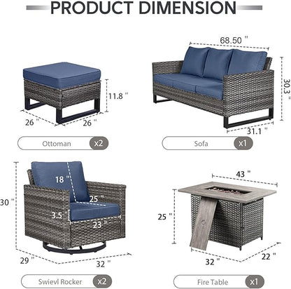 6 Piece Wicker Patio Furniture with Fire Pit Table - Outdoor Conversation Set with 50,000 BTU Fire Pit, All Weather Rattan Patio Set for Deck Backyard Garden - Grey Wicker Blue Cushion