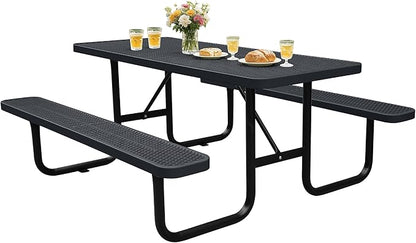 6FT Outdoor Picnic Tables,Heavy-Duty Metal Rectangular Picnic Table,Expanded Metal Commercial-Grade Table with 2 Benches & Umbrella Hole,Waterproof Coating Beach Table for Patio,Garden, Backyard