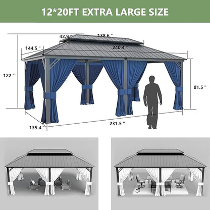 12' x 20' Hardtop Gazebo,Outdoor Galvanized Steel Metal Double Roof Gazebo with Curtains and Netting for Patios, Gardens, Lawns,Navy Blue