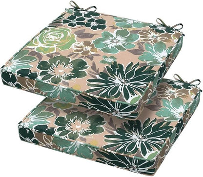 Magpie Fabrics Square Corner Seat Cushion, 18" x 18" x 2.5", 2 Pack, Indoor/Outdoor Waterproof Weather Resistant Universal Chair Pads for Patio Garden Dining - Green Floral