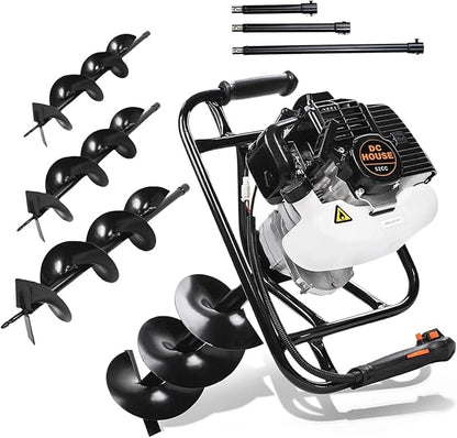 DC HOUSE 52cc 1800W Gas Powered Earth Auger EPA Certified Post Hole Digger, with 3 Drill Bits 4" 6" 8" and 3 Extension Rods 8" 12" 20", Mixing Ratio 30:1, for Fence, Farmland and Garden