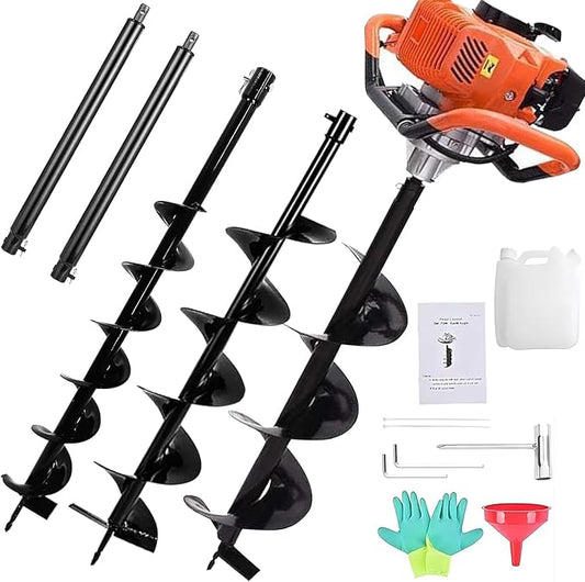 85cc Post Hole Digger 2-Stroke Petrol Gas Powered Earth Digger with 3 Auger Bits (4" 8" 12") + 2 Extension Bar (24" 24") for Farm Garden Plant Fence and Planting