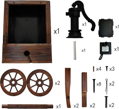Carbonized Wood Outdoor Freestanding Fountain - Movable Vintage Hand Pump Cart, Solar-Powered Electric Decorative Water Feature for Patio, Garden & Indoor Decoration