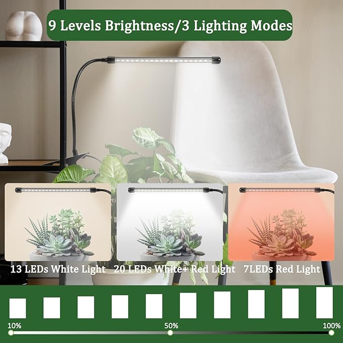 LED Grow Lights for Indoor Plants, 6000K Clip Plant Light with White Red LEDs, Grow Light Strips for Seed Starting 9 Dimmable Levels Auto ON Off with 3/9/12H Timer