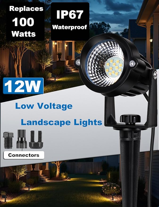 12W Landscape Lights Low Voltage LED Landscape Lighting Spotlight Waterproof Garden Pathway Christmas Decorative Lights Outdoor, 20 Pack with Connector (Natural White)