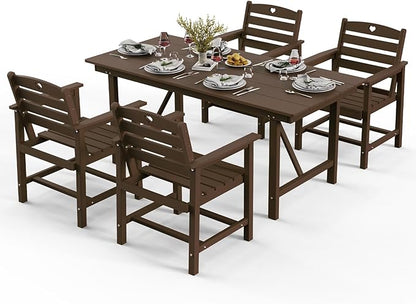 Patio Table and Chairs Set with Umbrella Hole, HDPE Patio Dining Set for 4, Outdoor Dining Set for Lawn, Patio, Porch, Deck, Poolside, Yard (Mahogany, 5-Piece)